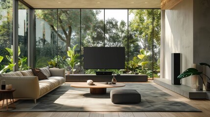 Modern living room with large window and garden view.