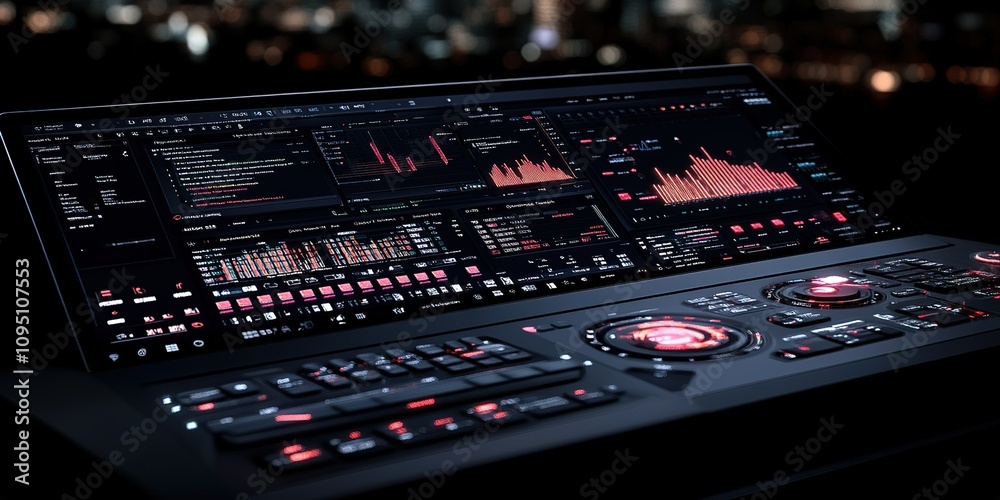 Poster control panel displaying data analysis and visualization in a modern urban setting at night