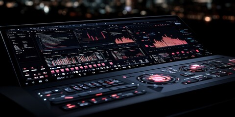 Control panel displaying data analysis and visualization in a modern urban setting at night