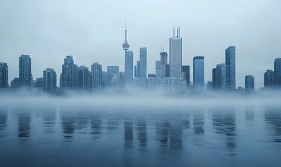 Fototapeta premium Foggy Cityscape with Overcast Sky, A moody image of a city skyline partially obscured by fog or low clouds