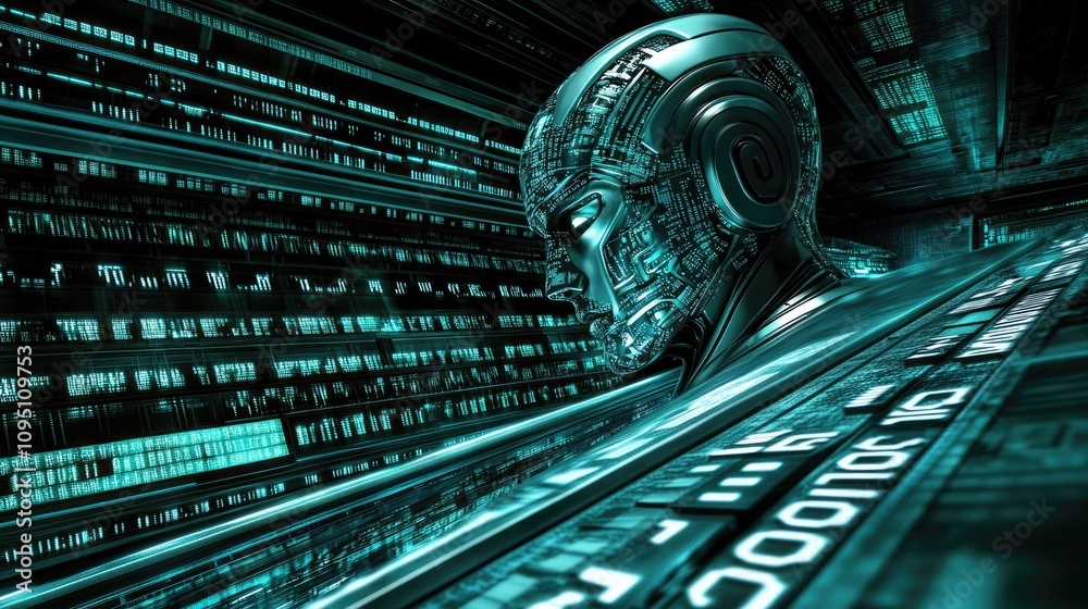 Poster futuristic cybernetic human profile with circuit patterns and digital elements in a neon environment