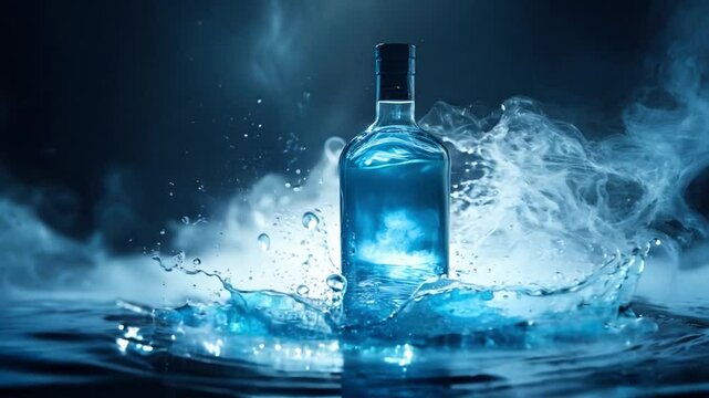 A stylish blue bottle with liquid illuminated in dark water creating a mystical atmosphere
