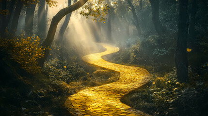 A winding yellow brick road leads through a misty forest, with sunlight filtering through the trees. Emerald Forest Pathway. Illustration