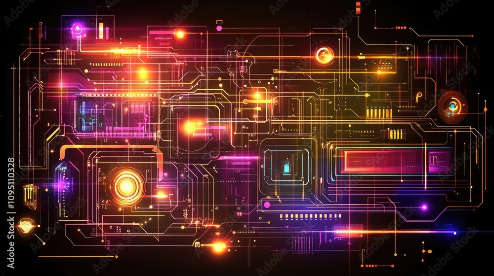 Poster futuristic abstract background with colorful lights and circuit patterns for technology and digital 