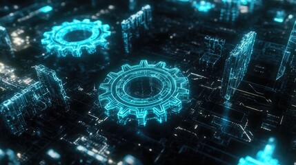 Obraz premium Futuristic Digital Technology Concept with Neon Gears on Abstract Circuit Board Background Representing Innovation and Automation in Modern Industries