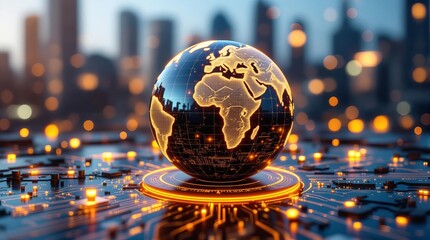 Futuristic digital globe on circuit board, glowing orange, tech innovation concept art