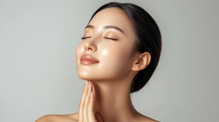 Radiant Young Woman with Glossy Skin and Calm Expression Posing Elegantly Against a Soft Neutral Background in a Studio Setting