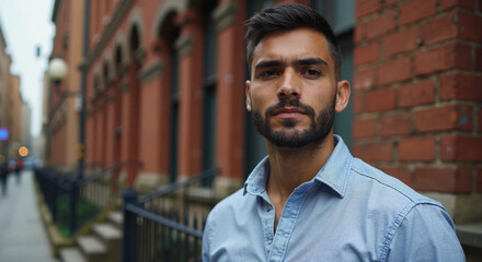 Confident man with beard looking thoughtful against urban brick background