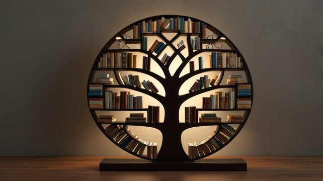 Illuminated circular bookshelf shaped like a tree filled with books.
