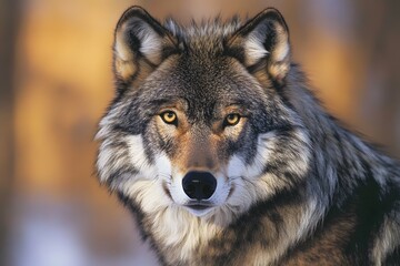 Obraz premium A close-up of the face and head of an American gray wolf, with its eyes looking directly at you in front of it