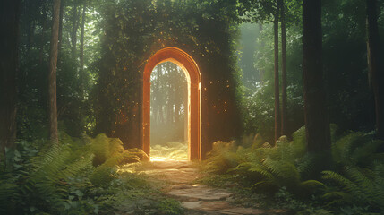 Obraz premium A mystical forest scene showcasing an ancient archway illuminated by ethereal light, surrounded by lush greenery and ferns. Emerald Forest Pathway. Illustration
