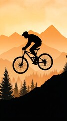 Obraz premium silhouette double exposure Biker jumping over a mountain at sunset.