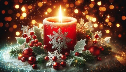 magic christmas red candle background with colored balls and snowflakes