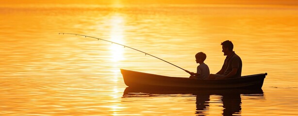 silhouette double exposure Father and son fishing at sunset on a serene lake.