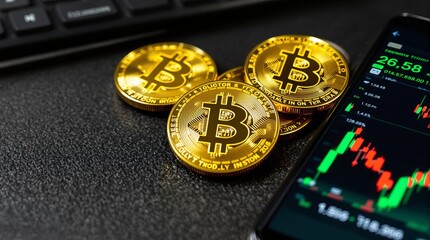 Cryptocurrency coins with market chart on phone, investment representation background