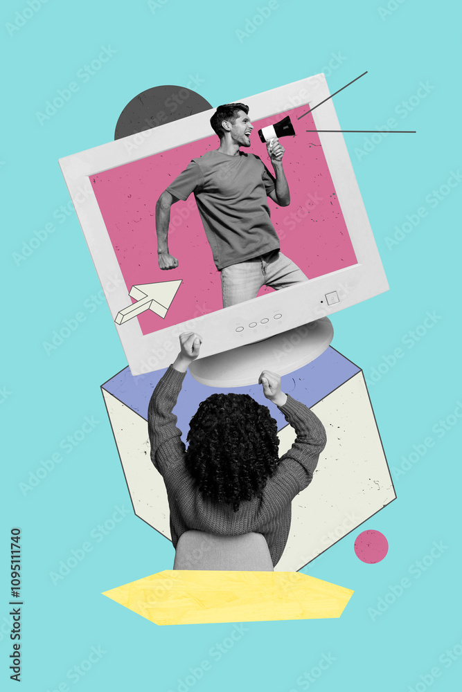 Aufkleber Composite trend artwork sketch image collage of business trader graphics data display computer young guy talk loudspeaker lady fist up