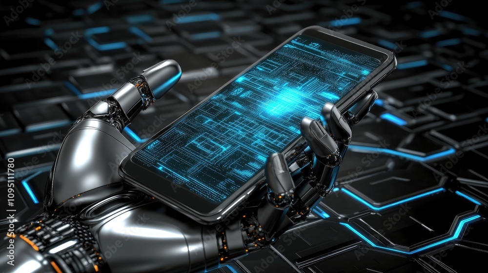 Poster futuristic robot hand holding smart device displaying digital interface with glowing patterns on hig