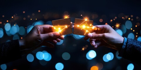 Hands Connecting with Bright Light Sparks Against a Blurry Night City Background, Symbolizing Communication, Connection, and Innovation in Modern Technology