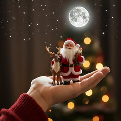 Hand holding Santa Claus and reindeer figurines with a full moon and starry sky, and blurred Christmas lights in the background, symbolizing the cultural and religious significance of Christmas