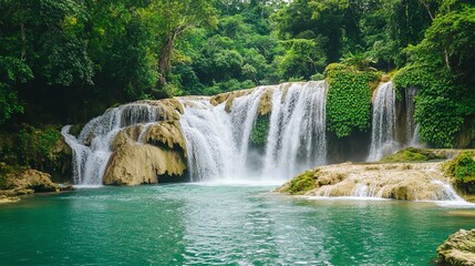 Fototapeta premium A stunning waterfall cascades into a tranquil pool, surrounded by lush greenery and vibrant nature, creating a serene escape.