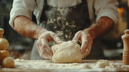Flour dusts the air as a baker skillfully kneads dough on a rustic wooden surface preparing for delicious creations ahead