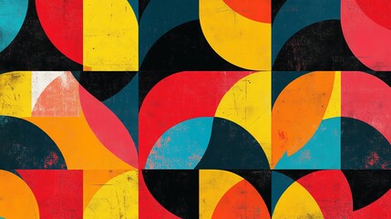 Fototapeta premium A vibrant abstract pattern featuring geometric shapes in red, yellow, black, and blue, creating a modern artistic design.