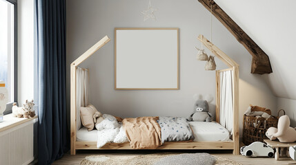 Mockup blank  frame in baby bedroom minimalist interior design, neutral colors