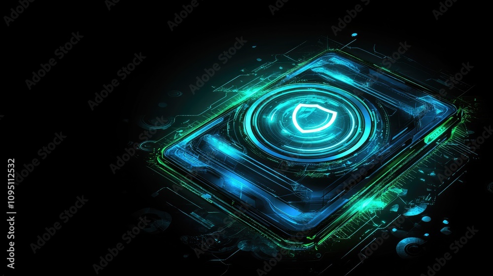 Poster futuristic technology concept of a secure digital device with abstract circuits and glowing elements