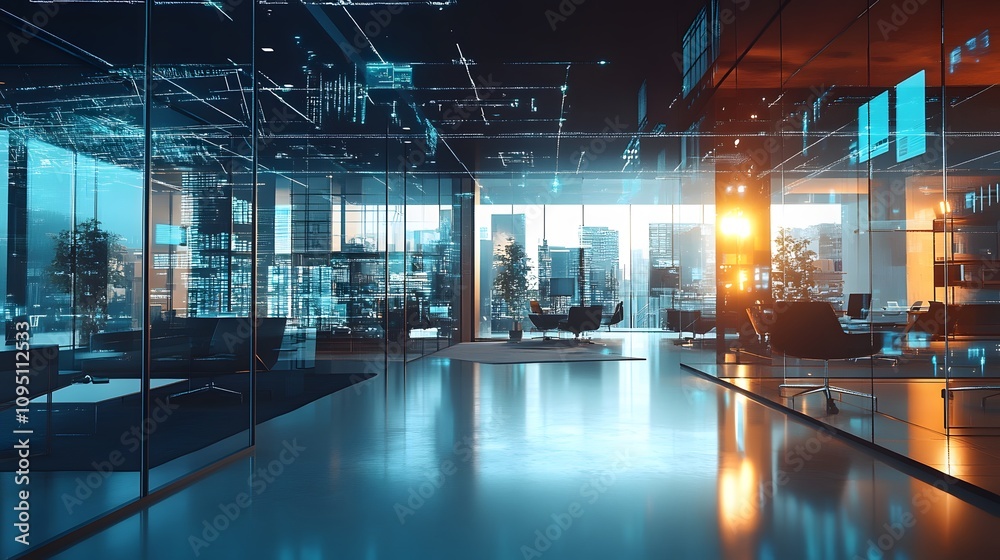 Poster A modern office where blockchain infrastructure for logistics is visualized through AR systems. 4k resolution, Cinematic Scene
