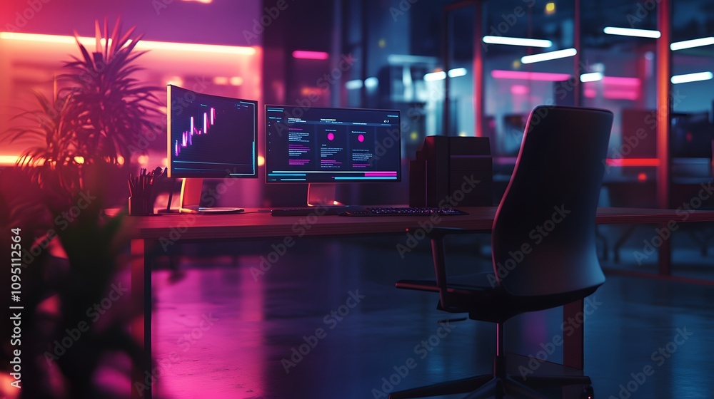 Poster A futuristic workspace featuring 3D glowing level-up indicators for employee productivity with 2D visualized rewards systems. 4k resolution, Cinematic Scene