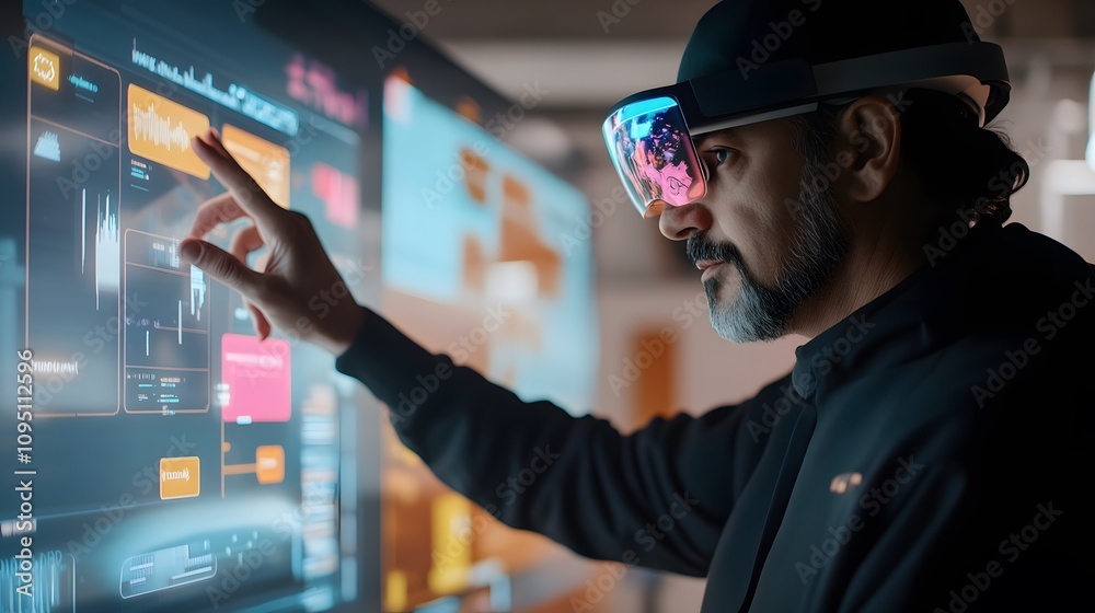 Poster a professional engaging with a 3d holographic task board featuring gamified challenges and 2d motiva