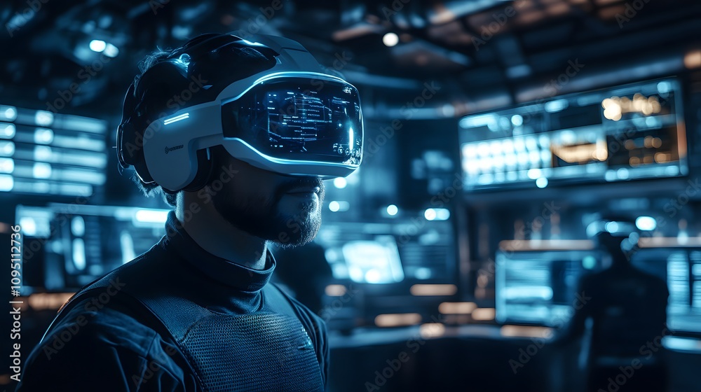 Poster A hybrid workspace integrating wearable devices with 3D glowing performance challenges and 2D team collaboration metrics. 4k resolution, Cinematic Scene