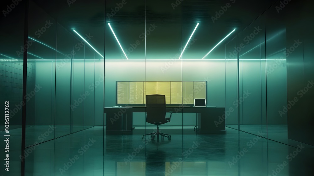 Poster a futuristic office using 3d holographic competition boards to gamify task achievements, paired with