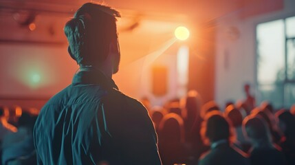 A man with a microphone stands in front of an audience in a dimly lit room, with a bright light shining down on him from above.