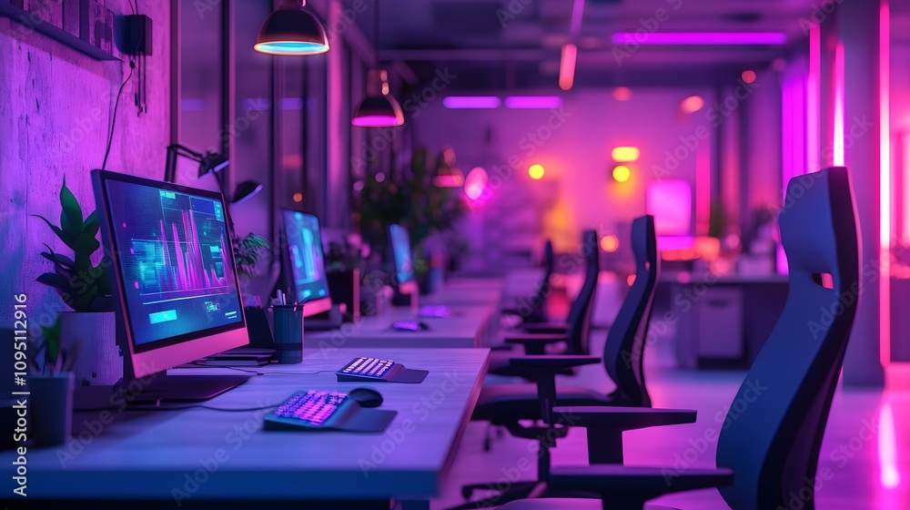 Poster a vibrant office using 3d glowing competitive gaming apps to enhance teamwork, paired with 2d glowin