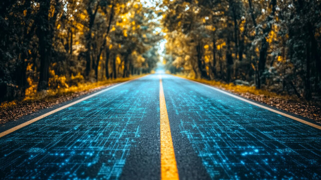 Innovative digital road pathway surrounded by autumn trees inviting exploration and adventure