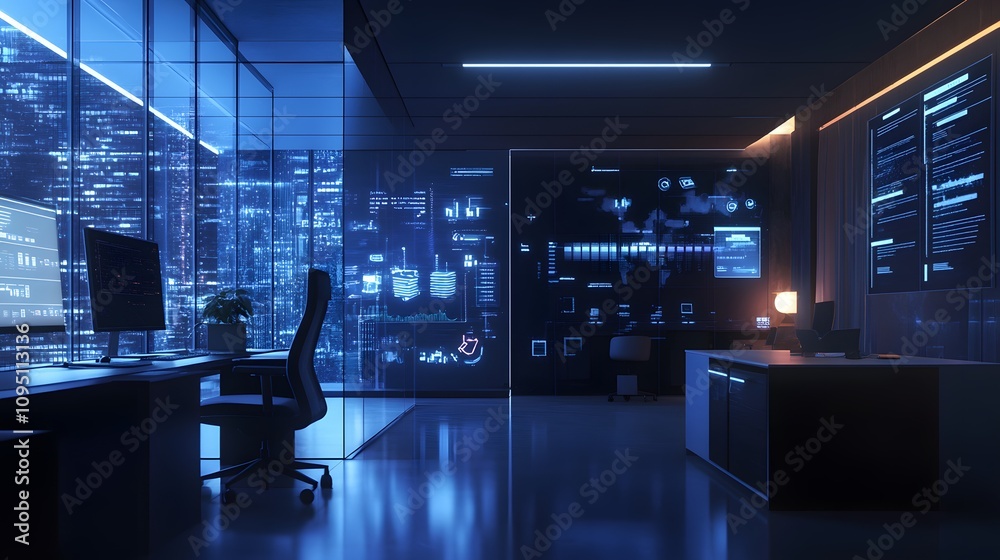 Poster a sleek office showcasing gamification in workflow management through 3d glowing productivity goals 