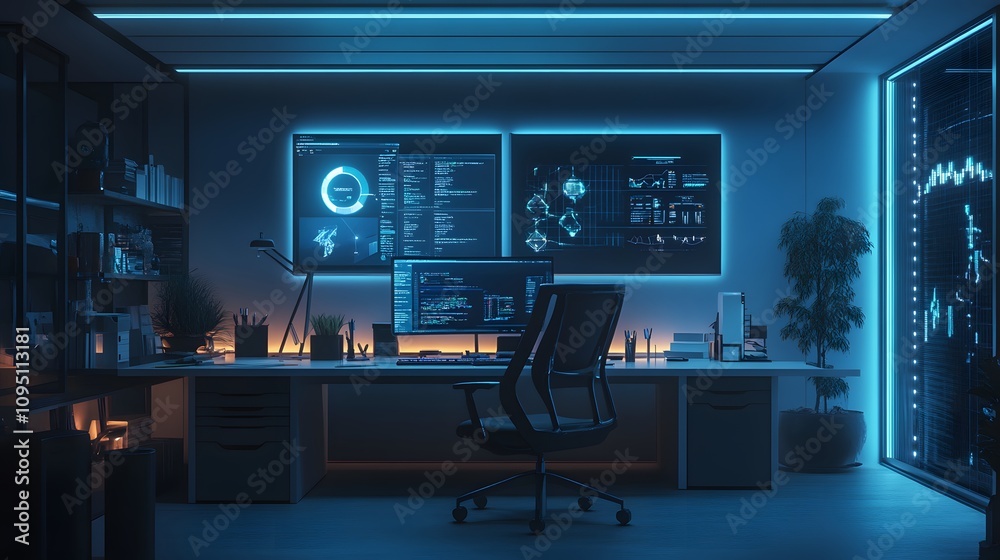 Poster a sleek office showcasing gamification in workflow management through 3d glowing productivity goals 