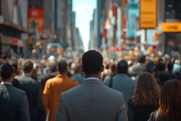 Gray Suit Commuter Back View, Busy City Street Scene
