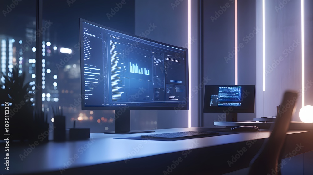 Leinwandbilder A sleek office where an AI assistant displays 3D glowing task prioritization tools and 2D project timelines for seamless workflow. 4k resolution, Cinematic Scene