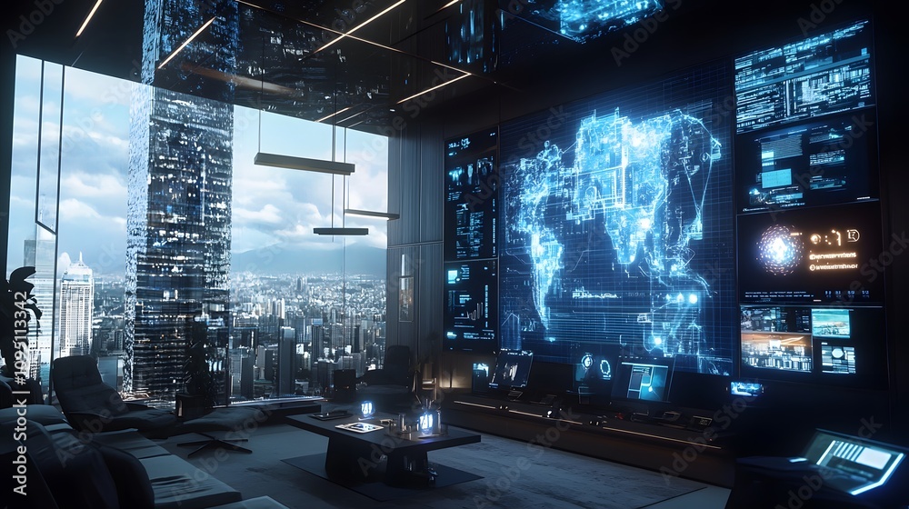 Poster a hybrid coworking hub showcasing ai-powered wearables projecting 3d glowing productivity stats and 