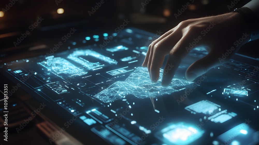 Aufkleber A professional interacting with an AI-powered desk interface projecting 3D glowing workflow maps and 2D real-time feedback. 4k resolution, Cinematic Scene