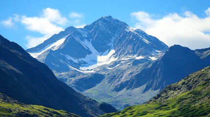 Fototapeta premium Majestic mountain landscape showcasing snow-capped peaks under a clear blue sky, surrounded by lush green valleys.
