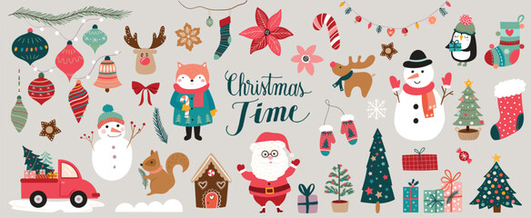 Christmas Time elements collection with seasonal holidays design, cute characters, winter decorations