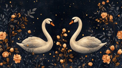 Seamless Vector Pattern of Elegant White Swans Amidst Delicate Plants on Dark Gold Background for Sophisticated Designs