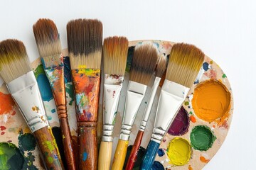 Fototapeta premium Paintbrushes on a used palette with vibrant colors.