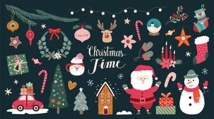 Christmas big collection of seasonal elements, winter design, vector