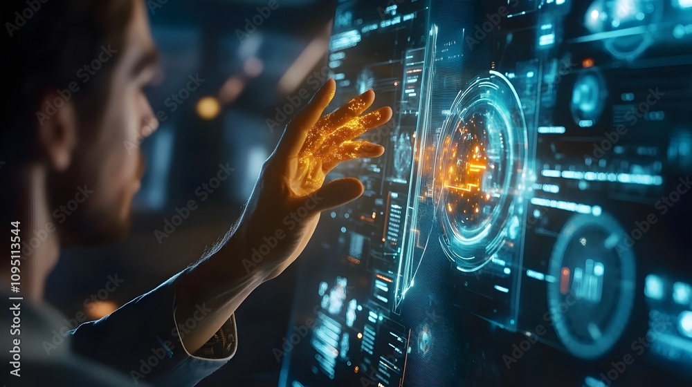 Poster A professional interacting with an AI-powered holographic assistant managing 3D glowing resource allocation visuals and 2D live updates. 4k resolution, Cinematic Scene