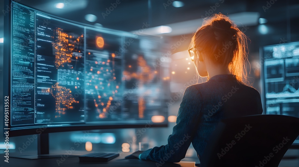 Poster A futuristic workspace where AI-generated 3D glowing data flows complement 2D task execution guides for enhanced productivity. 4k resolution, Cinematic Scene