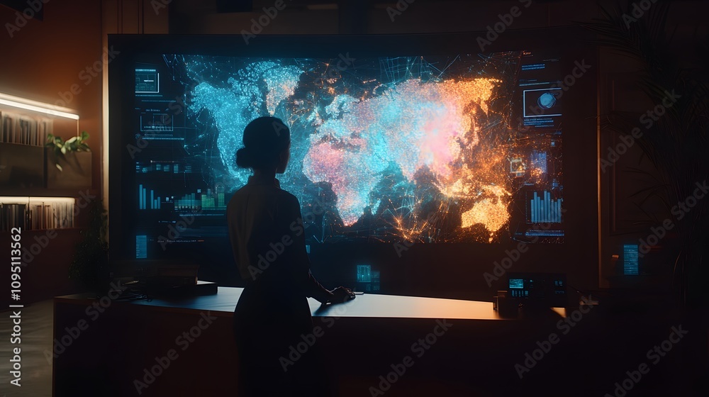 Leinwandbilder A hybrid workspace integrating AI-driven workflow systems projecting 3D glowing collaboration maps with 2D animated team metrics. 4k resolution, Cinematic Scene